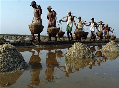 မတ္လလည္ ကတည္းက အခါမဲ့ ရြာေသာမိုးေၾကာင့္ ေနလွန္းဆားကြင္းမ်ား ပ်က္စီးဆံုးရံႈးသြားရာ နာဂစ္ ဒဏ္မွ နာလန္ပင္မထႏိုင္ေသးသည့္ ဧရာ၀တီတိုင္းမွ ဆားခ်က္သူမ်ား ေၿဖမဆည္ ႏိုင္ရွိခဲ့ရသည္။ တစ္ခါ ၿမန္မာ ႏွစ္သစ္ဦး တြင္ အဖ်ားခတ္သြားေသာ မုန္တိုင္း ဘီဂ်လီ ၏ အရွိန္ေၾကာင့္ ရွိစုမဲ့စု ေနလွန္းဆားပံုမ်ားလည္း ပ်က္စီးခဲ့ရသည္။ ပံုမွာ ဧရာ၀တီတိုင္း ဟိုင္းၾကီးကၽြန္းရွိ ဆားလုပ္ ငန္းခြင္ပံုၿဖစ္သည္။(AP Photo/Khin Maung Win)