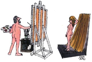 ၀တ္လစ္စလစ္ပန္းခ်ီမ်ားေရးဆြဲသည့္ ပန္းခ်ီဆရာတစ္ဦးကို ကာတြန္းဆရာတစ္ဦးက ေထ့ေငါ့သရုပ္ေဖၚထားပံု